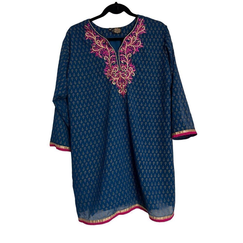 Jodha Top Womens Size XXL Blue Gold Floral Embroidered Nightie Dress